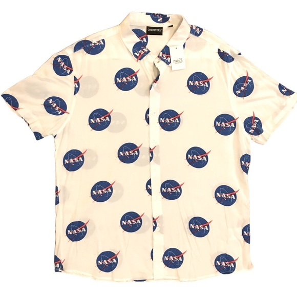 NWT NASA Chemistry white button down shirt LG short sleeve all over print logo - Picture 7 of 9